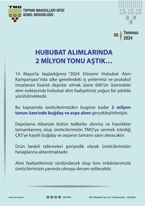 TMO Hububat Alımlarında 2 Milyon Tonu Aştı!